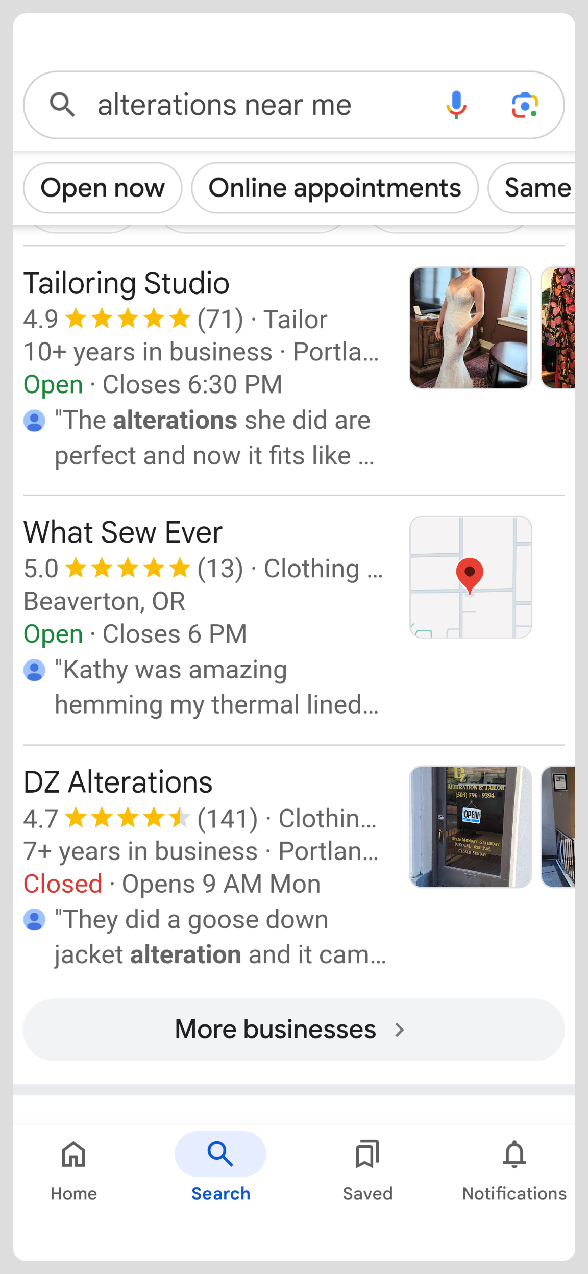Mobile phone screenshot of the Google search results for an alterations business